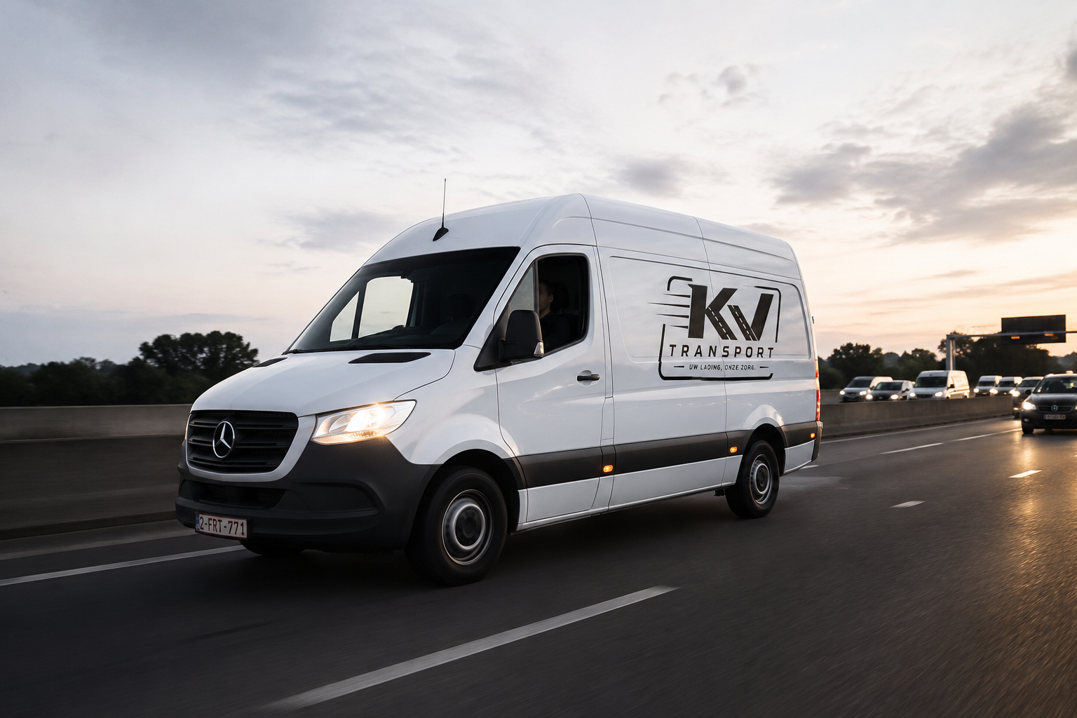 Witte Mercedes-bestelwagen van KV Transport onderweg op de autosnelweg